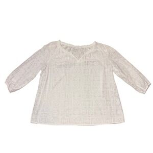 J. Jill White Cotton Eyelet Embroidered 3/4 Sleeve Split Neck Blouse Large